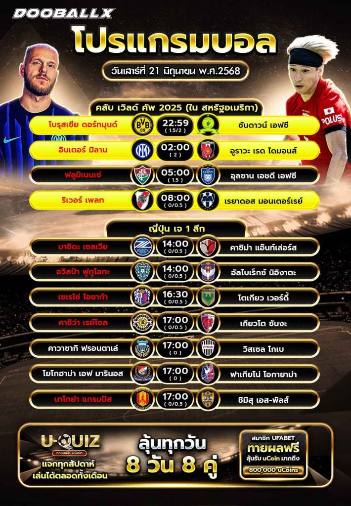 โปรแกรมบอลวันที่ 21-06-68